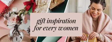 Banner met gepersonaliseerde cadeaus voor vrouwen, zoals een kristallen vaas, houten serveerplank en theedoos, in een feestelijke setting met inpakpapier en een glimlachende vriendin – perfect voor verjaardag, kerst en moederdag