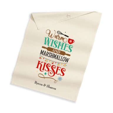 Theedoek van 100% biologisch katoen met "Warm Wishes and Marshmallow Kisses" print en ruimte voor persoonlijke tekst