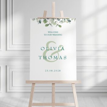 Wit welkomstbord met elegant eucalyptus design