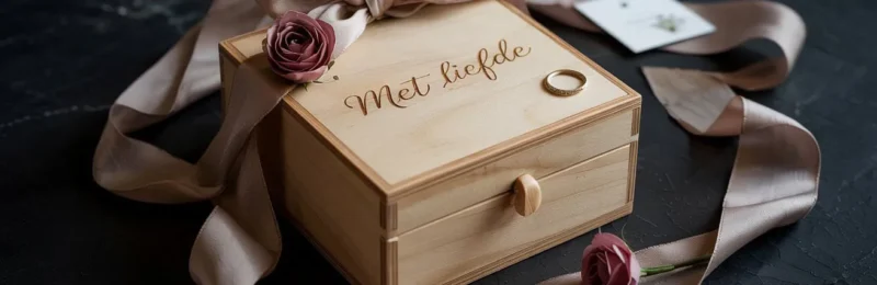 Gepersonaliseerde houten kist met gravure en bruiloftsdetails op zwarte achtergrond – origineel cadeau bij Gifts & Weddings