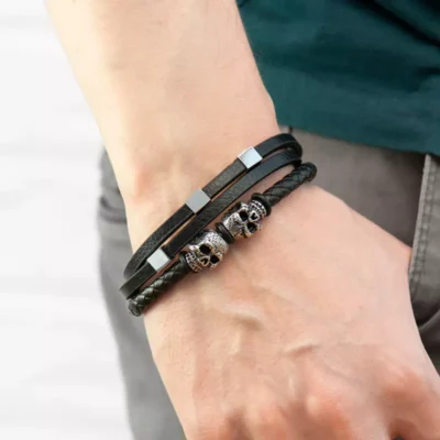 Gepersonaliseerde Leren Touw Armband voor Mannen met Skulls 2