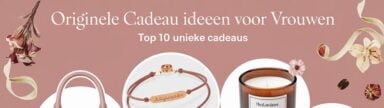 Roze banner met een collage van luxe cadeaus voor vrouwen, waaronder een weekendtas, gepersonaliseerde armband, geurkaars en mok, met de tekst 'Originele Cadeau Ideeën voor Vrouwen: Top 10 Unieke Cadeaus