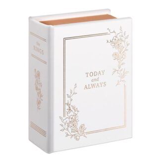 Wit ringendoosje in de vorm van een boek met goudfolie decoraties en een luxe fluwelen interieur voor trouwringen.