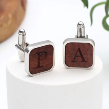 RRhodium Manchetknopen met Houten Inzet & Initialen