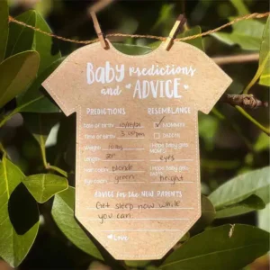 Set van 50 Engelstalige kraft-look rompertjesvormige voorspellings- en advieskaarten voor babyshowers