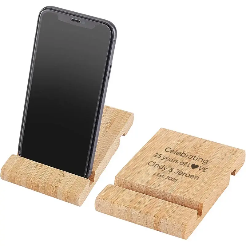 Bamboe telefoonhouder met telefoon Bamboe telefoonhouder jubileum bedankje duurzaam