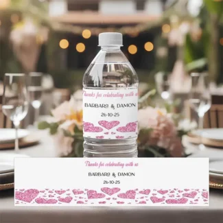 Wit waterfles label met hot pink glitter hartjes border en zwarte namen voor bruiloft