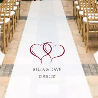 Witte ceremonie loper met in elkaar grijpende harten design en gepersonaliseerde namen