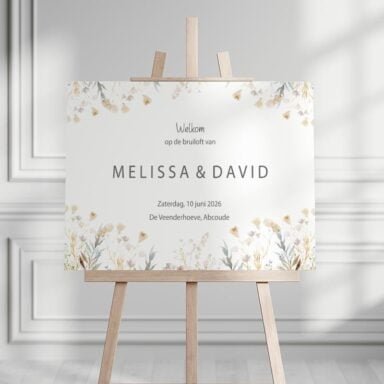 Gepersonaliseerd bruiloft welkomstbord met romantische wilde bloemen watercolor design