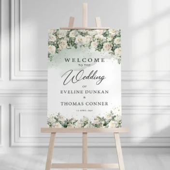 Bohemian bruiloft welkomstbord met witte rozen en eucalyptus greenery