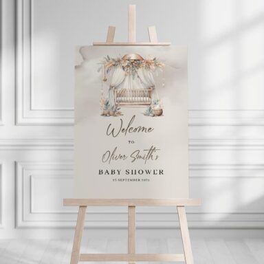 Boho welkomstbord met babybedje