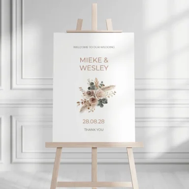 Wit welkomstbord met natuurlijk pampas en droogbloemen design en elegante tekst Welcome to the wedding of