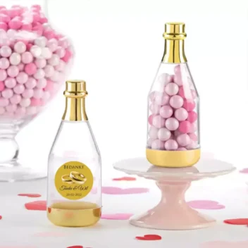 Feestelijk acryl champagneflesje bedankje transparant gouden dop gepersonaliseerde sticker namen datum