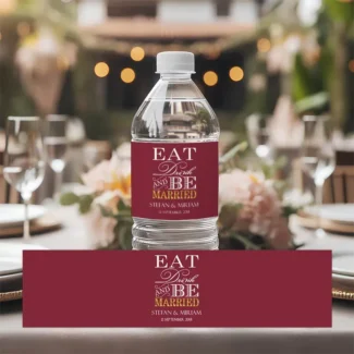 Waterfles label met Eat Drink & Be Married tekst in verschillende trendy kleuren