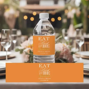 Waterfles label met Eat Drink & Be Married tekst in verschillende trendy kleuren