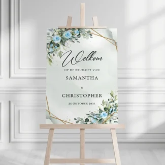 Elegant bruiloft welkomstbord met lichtblauwe bloemen