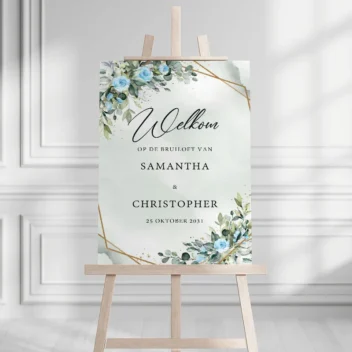 Elegant bruiloft welkomstbord met lichtblauwe bloemen