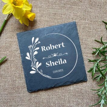 Gepersonaliseerde Leisteen Onderzetters in Bamboe Houder - Floral