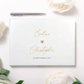Gastenboek bruiloft Love Heart namen goudkleurige print hartje wit hardcover