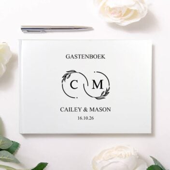 Gastenboek bruiloft Eternal Love infinity monogram initialen namen wit hardcover
