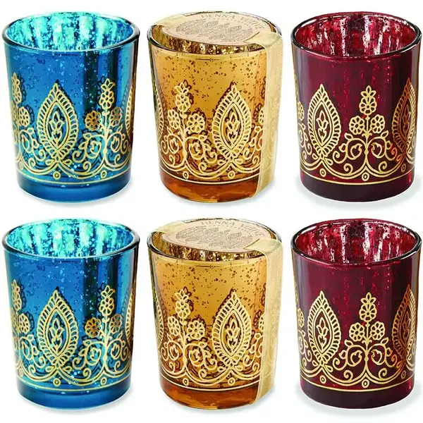 Luxe Henna Theelichthouders "Indian Jewel" - Bruiloft Bedankjes Set van 6 1 Set van 6 kleurrijke henna theelichthouders in saffier