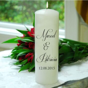 Traditionele witte trouwkaars Romantiek gepersonaliseerd 20 cm
