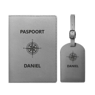 Paspoort & Kofferlabel Set - Kompas Gravure grijs
