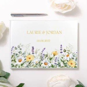 Wit hardcover gastenboek met kleurrijke wilde bloemen border in wit