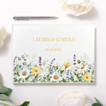 Wit hardcover gastenboek met kleurrijke wilde bloemen border in wit