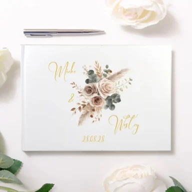 Wit gastenboek met romantische Boho Blush pampasgrassen decoratie