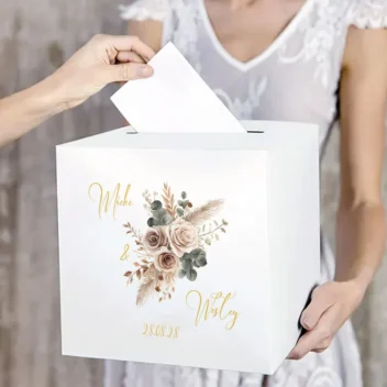 Gepersonaliseerde witte metallic enveloppendoos Boho Blush met pampasgras en namen