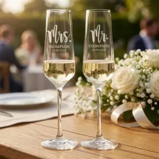 Twee gegraveerde champagneglazen voor 'Mr. & Mrs. Thompson' met een datum, gevuld met bubbels, op een houten tafel