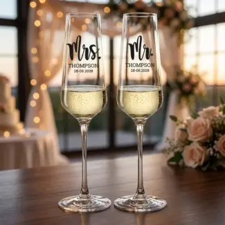 Twee champagneglazen met 'Mrs.' en 'Mr.' Thompson en de datum 28-08-2028, gevuld met bubbels, op een trouwlocatie