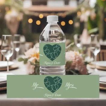 Waterfles label in sage en emerald green met wit Mr & Mrs hartjesdesign