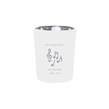 Muzieknoten theelichthouder wit glas gepersonaliseerd met eigen tekst en muzieknoten gravure