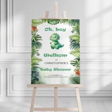 Modern welkomstbord met dinosaurussen en botanische elementen voor jongens babyshower