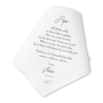 Witte katoenen zakdoek met botanisch design en emotionele boodschap van bruid aan haar vader
