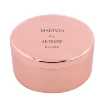 Ronde rozegouden metalen ringdoos Madison met gepersonaliseerde gravure