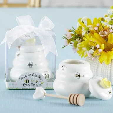 Sweet As Can Bee keramische honingpot baby shower bedankje in transparante geschenkdoos met bijendecoratie