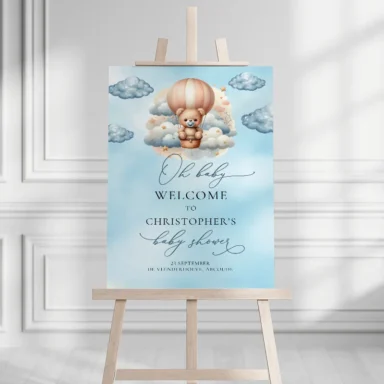 Vrolijk welkomstbord met teddybeer in luchtballon voor jongens babyshower