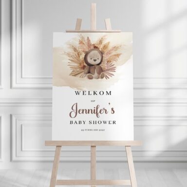 Neutraal welkomstbord met teddybeer en pampasgras voor moderne babyshower