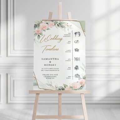 Bohemian wedding timeline bord met blush rozen