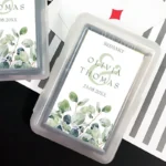 Naturel Unity speelkaarten bedankje bruiloft met eucalyptus sticker en namen in groentinten