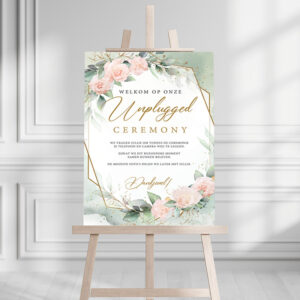 Unplugged Ceremony Bord Bohemian Blush met Gouden Kader voor Bruiloft
