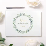 Gepersonaliseerd botanisch vrijgezellenfeest gastenboek met eucalyptus krans naam en datum