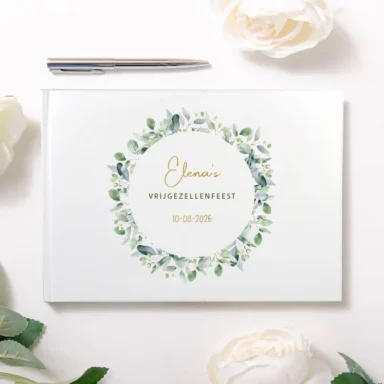 Wit gastenboek met elegant botanisch frame en gepersonaliseerde tekst voor vrijgezellenfeest