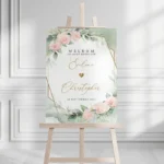 Elegant bruiloft welkomstbord met blush rozen