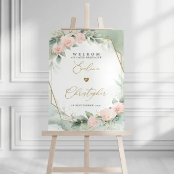 Elegant bruiloft welkomstbord met blush rozen