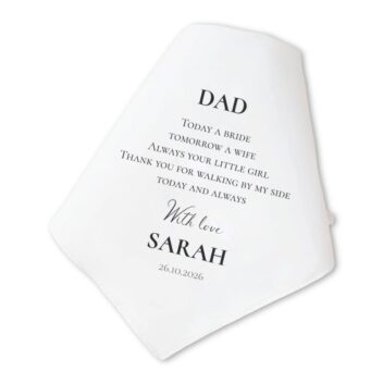 Witte bruiloftszakdoek met liefdevolle boodschap van bruid aan haar vader
