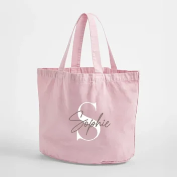 Vintage strandtas in dusky pink met gepersonaliseerde naam en initiaal